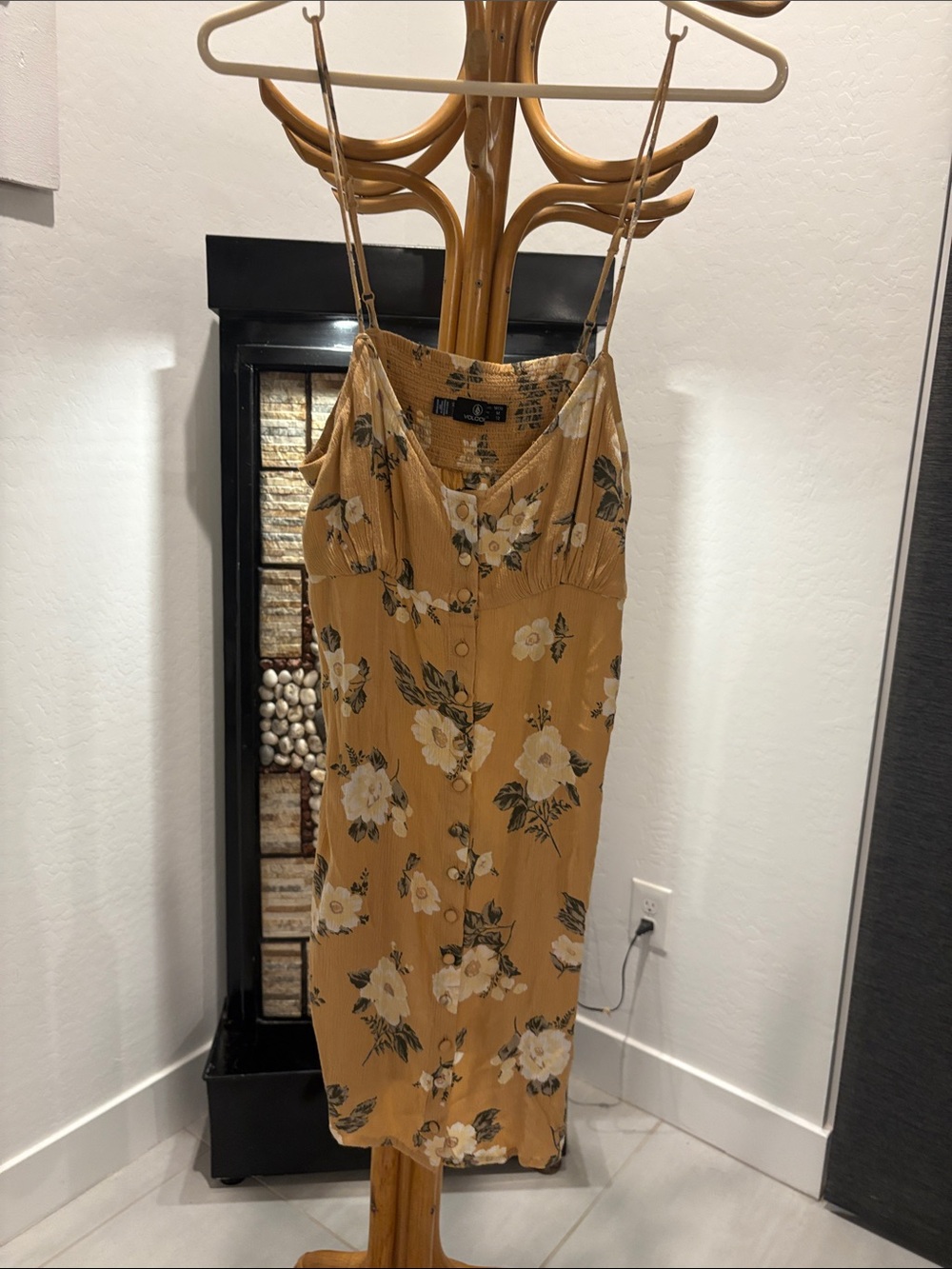 Volcom Mustard Floral Button-Front Midi Dress